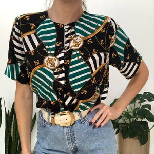 Vintage 80s nautical anchor striped blouse